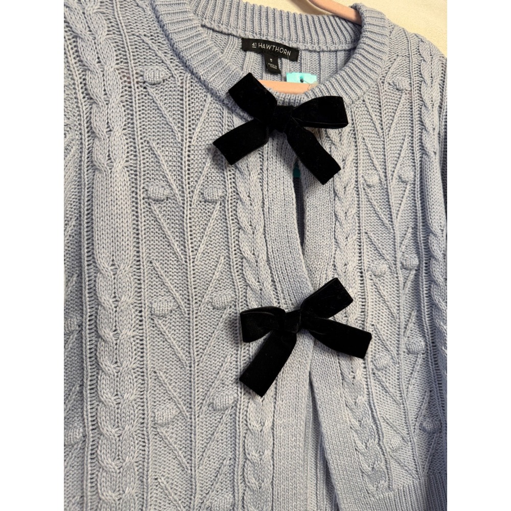 41 Hawthorn Frankie Cabled Bow Cardigan Light Blue Velvet‎ Bows Romantic Medium - Picture 3 of 7